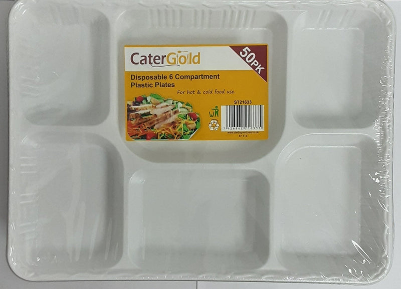 Cater Gold Disposable 6 Compatment Plastic Plates 50Pcs