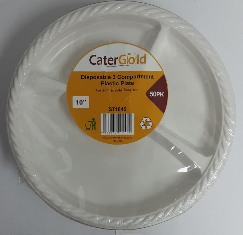 Cater Gold 10" Disposable Plate 3 Compartment 50Pcs