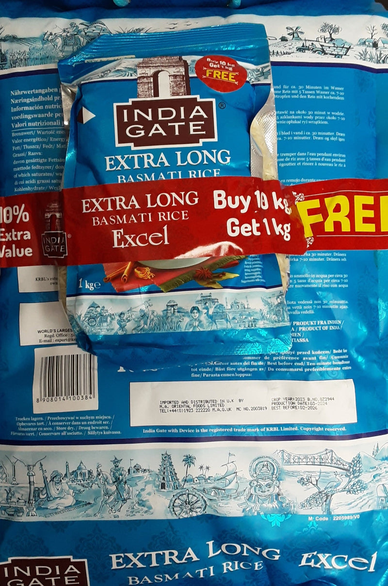 India Gate Rice Basmati Extra Long Excel 10Kg + 1Kg Free